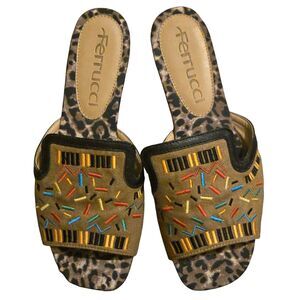 Ferrucci Leopard Embroidered Sandal US 7B Leather Suede Hand Made Maximalist